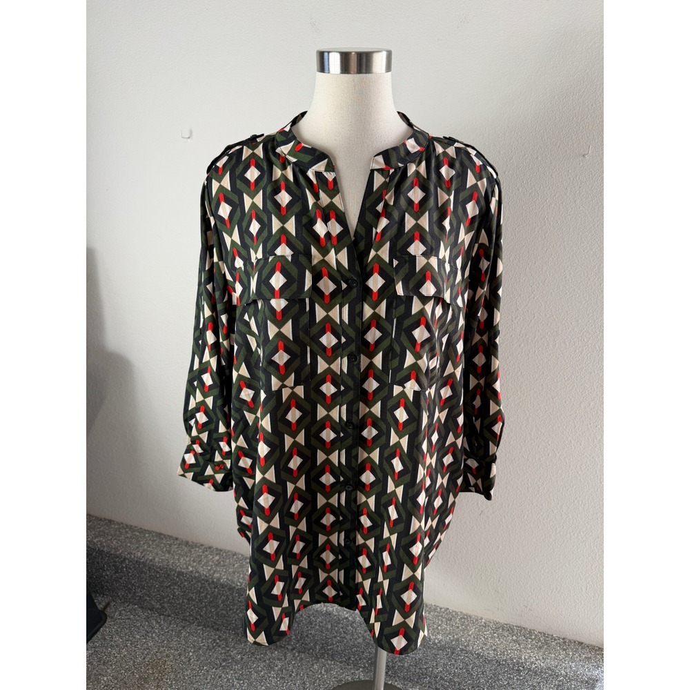 Calvin Klein Womens Plus 2X Geometric Chevron V Neck Roll Tab Sleeve Blouse Top